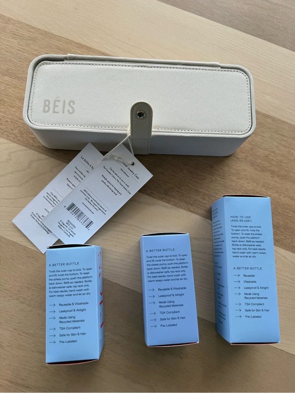 BEIS Cream Travel Jewelry Organizer and Ries travel containers